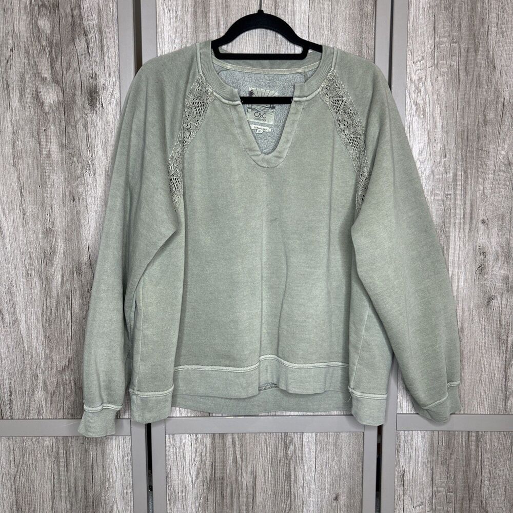 C&C Sweatshirt Size XL Sunwashed Lace Trim Green Color